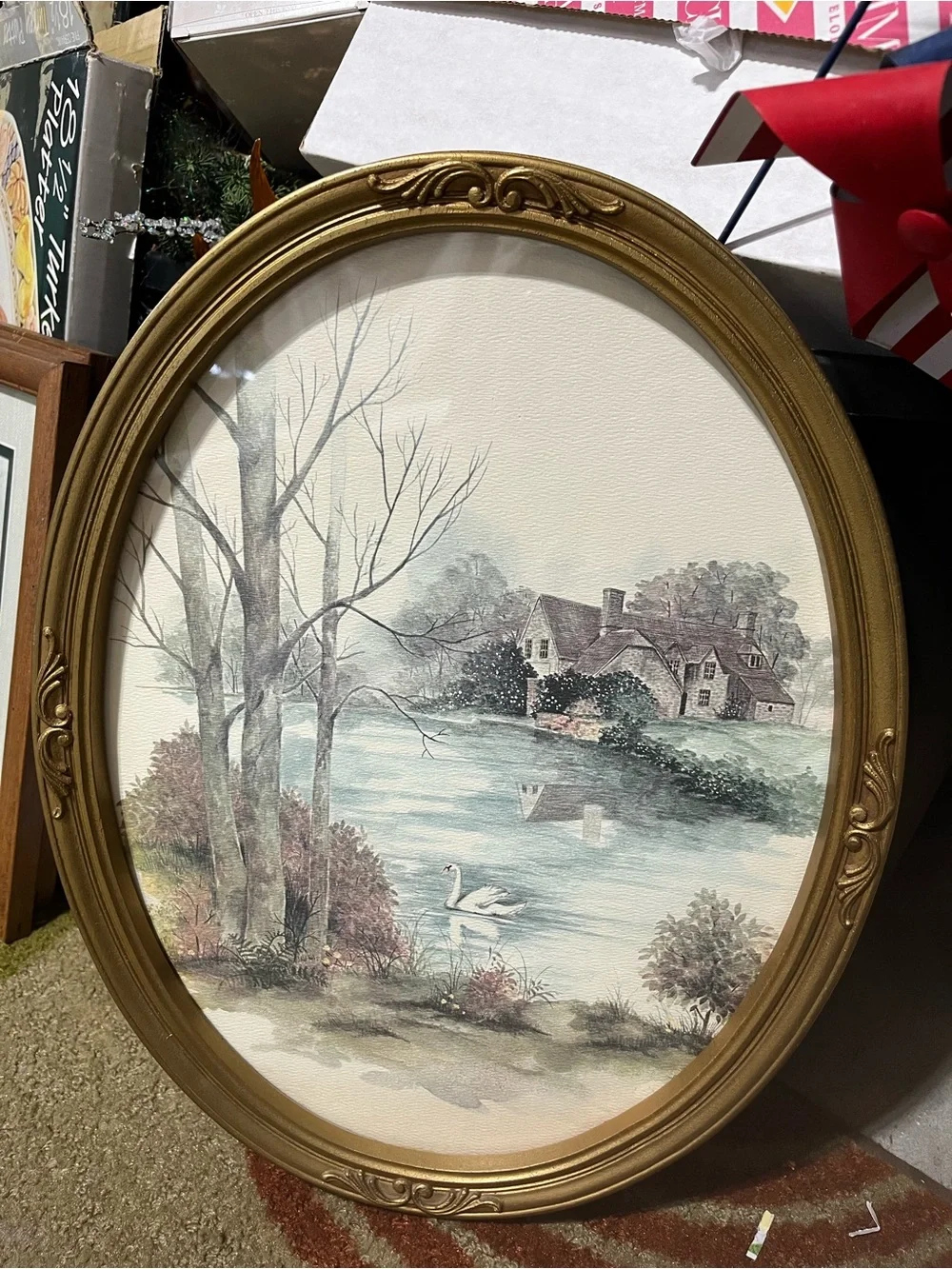 Gold Framed Swan Lake Wall Art - Scenic Watercolor PrintHome Interior